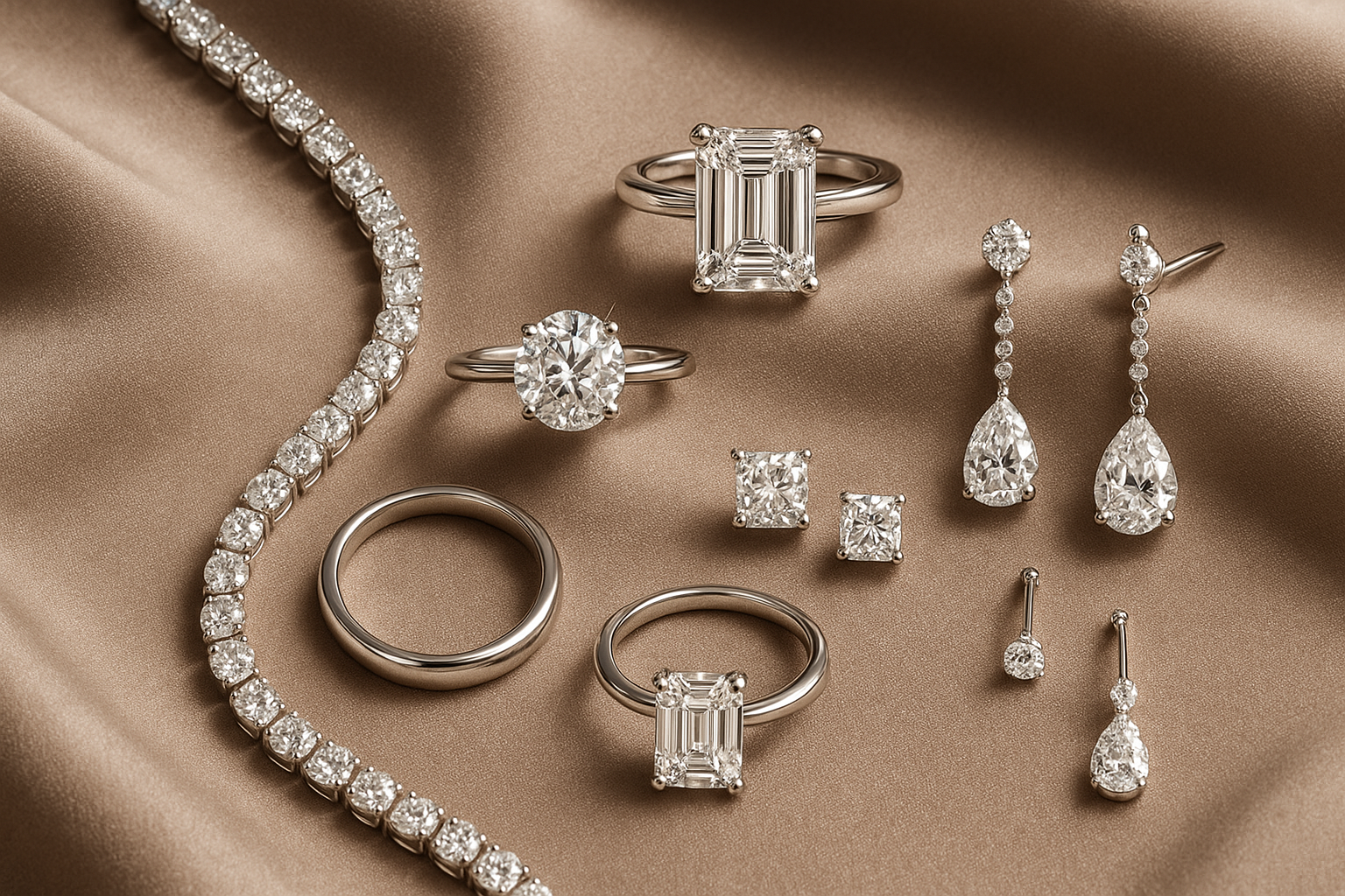 generate an image of diamond engagement rings, wedding bands, tennis necklaces, and earrings laying on a taupe velvet cloth